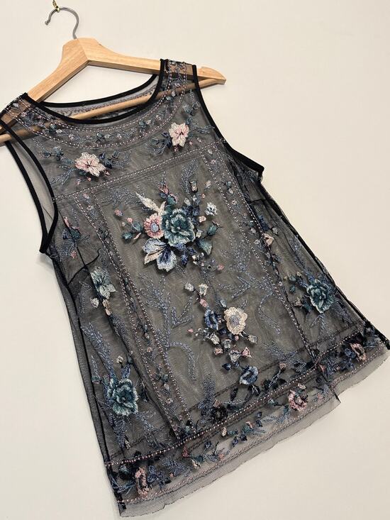 White House Black Market Tops - White House Black Market  Mesh Tank Top Women Black Floral Embroidered Sheer